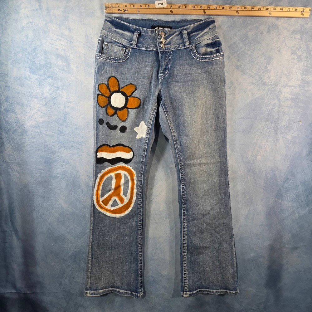 Sky Women Blue Painted Peace Flower Cross Embellished Flare Jeans Size 11/12
